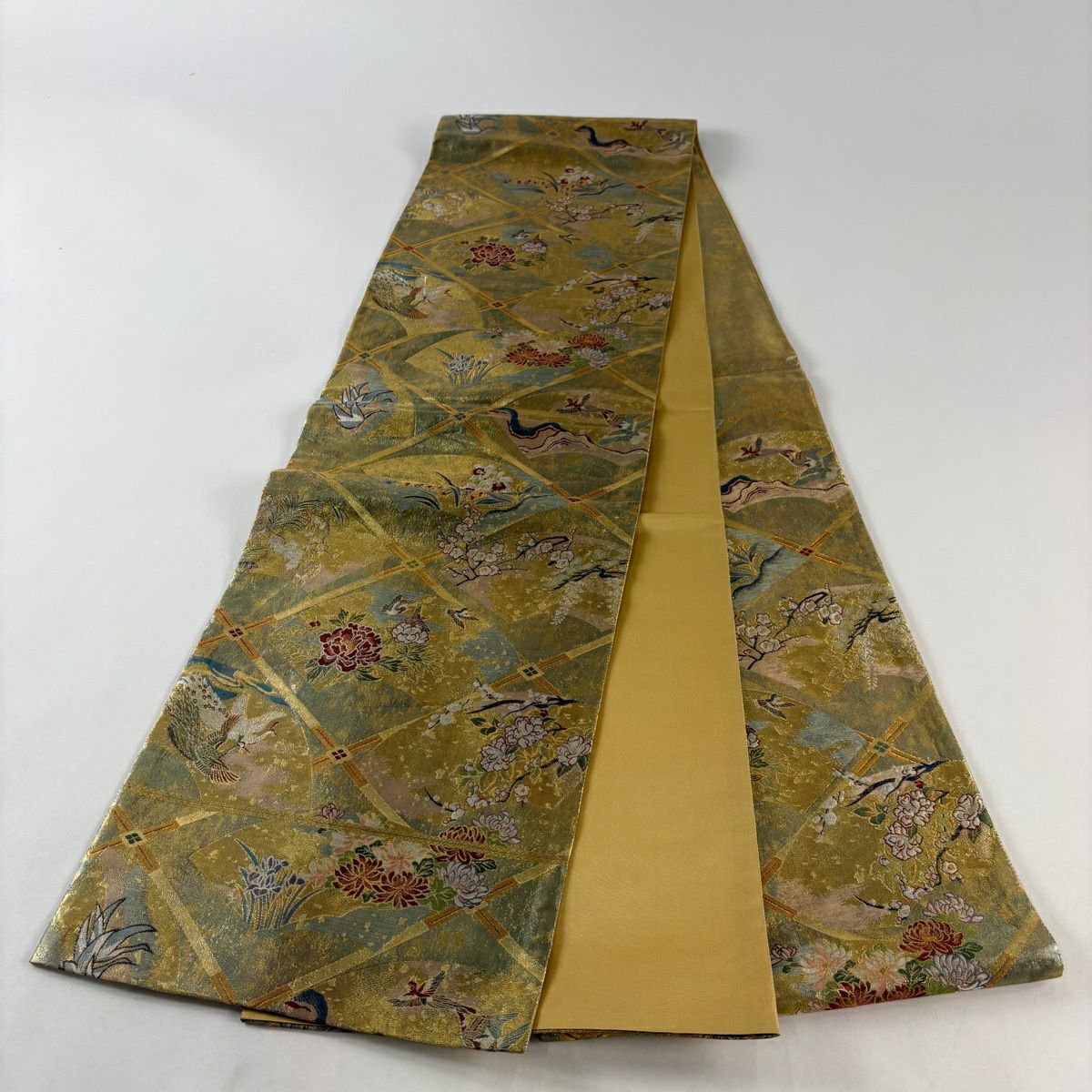 【美品】 袋帶 秀品級 扇子面 花鳥 金金箔 金絲 金色 六通 純蠶絲