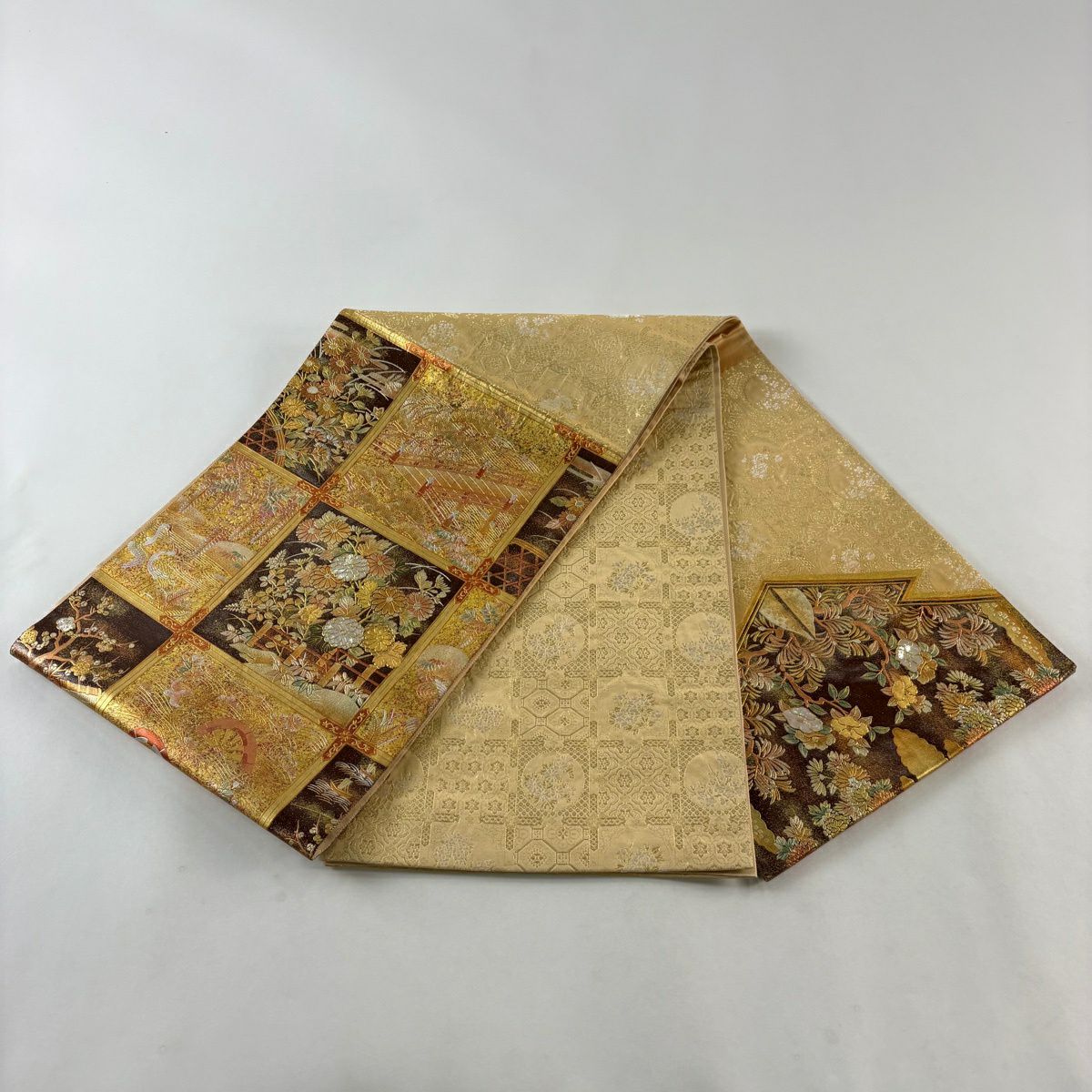 【美品】 袋帶 秀品級 菊花 橋 螺鈿 金銀彩 金色 大鼓圖案 純蠶絲