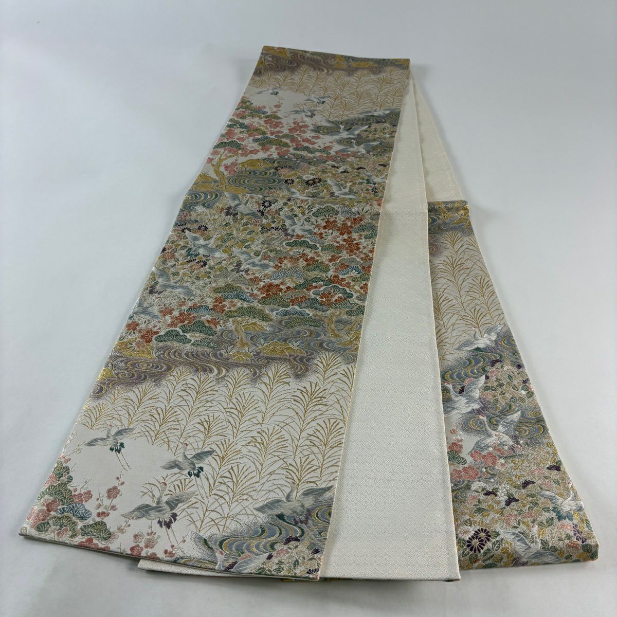 【美品】 袋帶 秀品級 仙鶴 松樹 金金箔 金絲 灰白 六通 純蠶絲