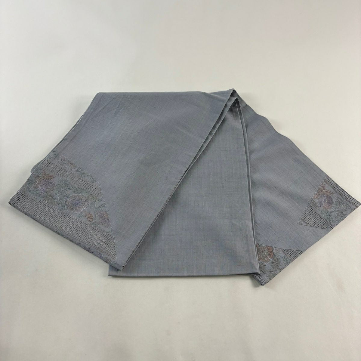 袋帶 秀品級 紬織織 草花紋紋 刺繡 青灰 素材 純蠶絲