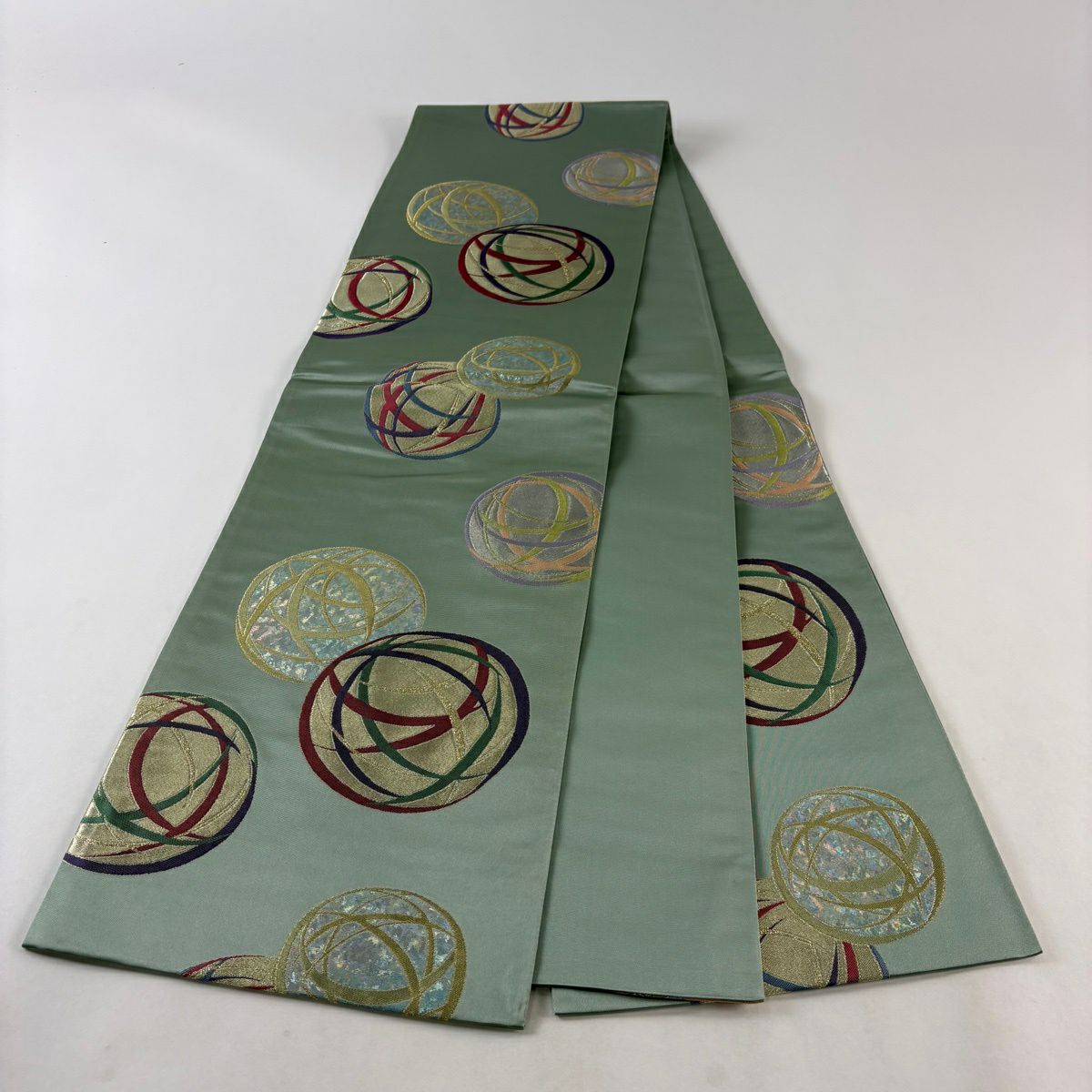 【美品】 袋帶 秀品級 鞠 金絲 金金箔 淺綠 六通 純蠶絲