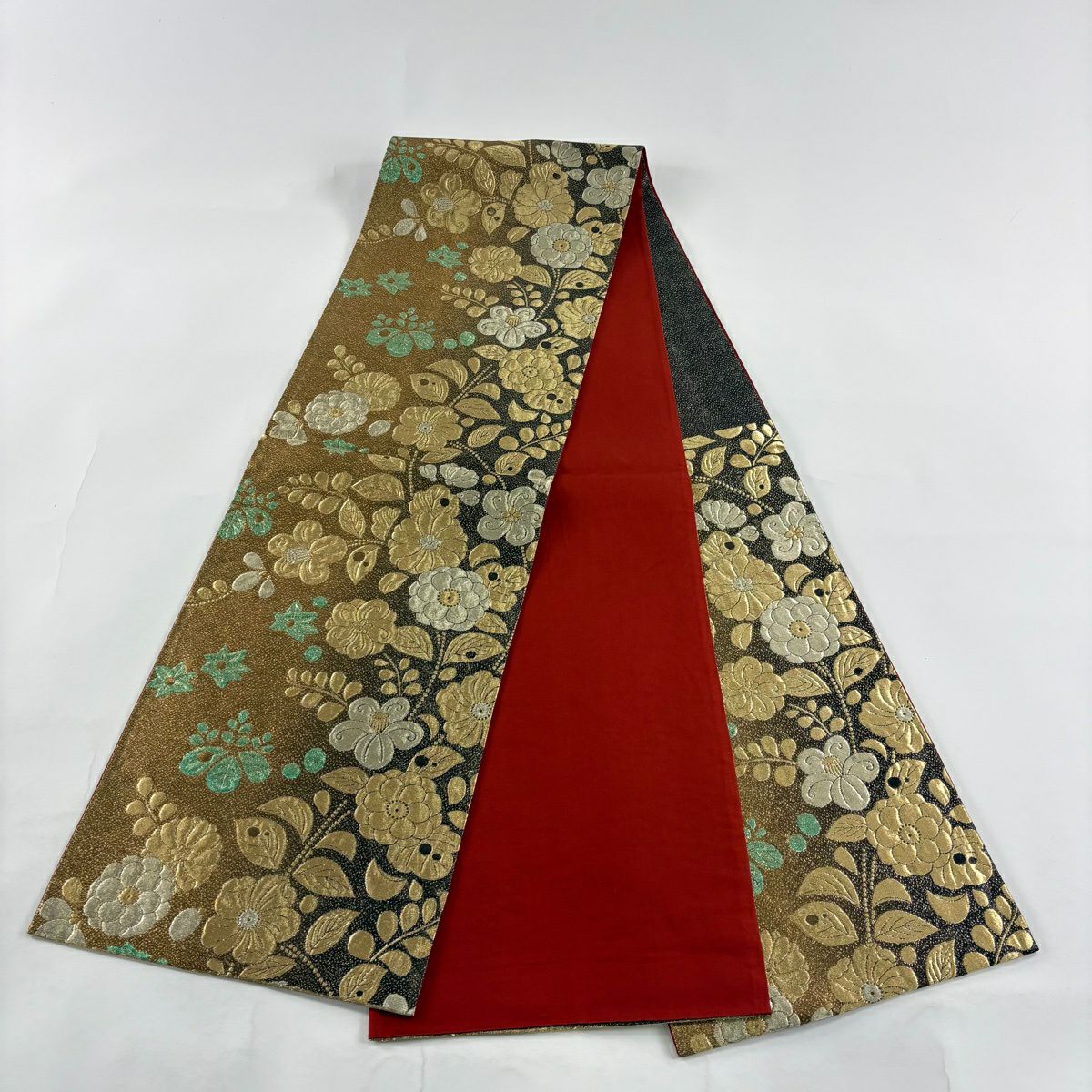 【美品】 袋帶 秀品級 辻花染圖案 金絲 金金箔 金茶 六通 純蠶絲