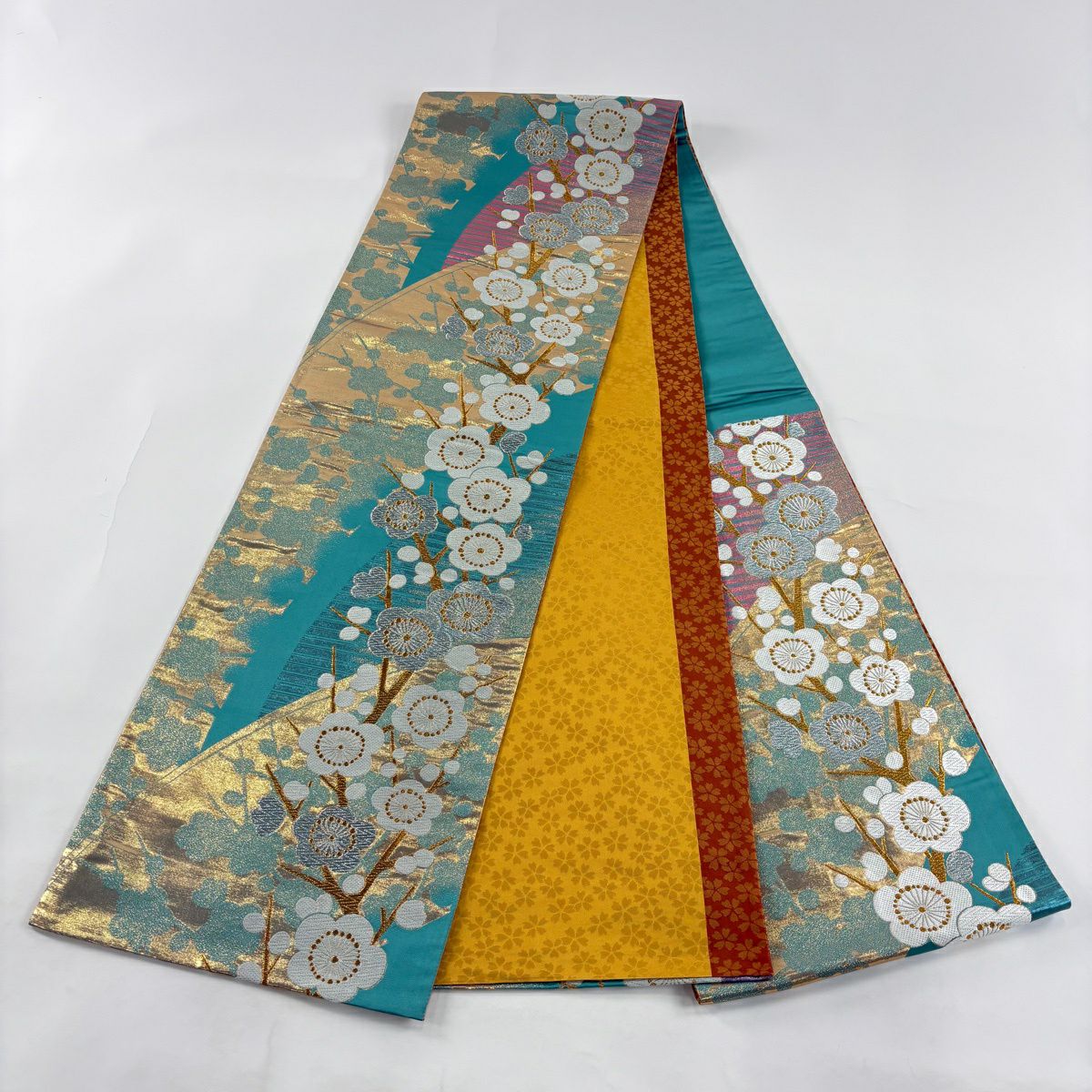 【美品】 袋帶 優品級 振袖禮服禮服用 枝梅花 金銀絲 金金箔 青綠 六通 純蠶絲