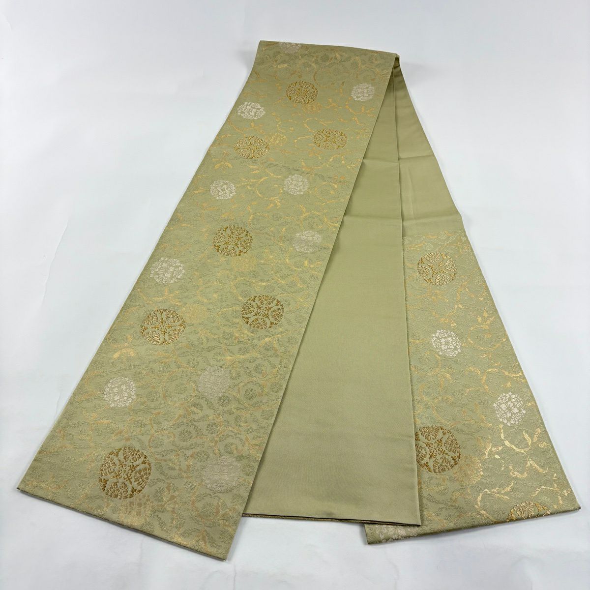 【美品】 袋帶 秀品級 浮線陵文 花唐草紋 金糸 金金箔 灰綠 六通 純蠶絲