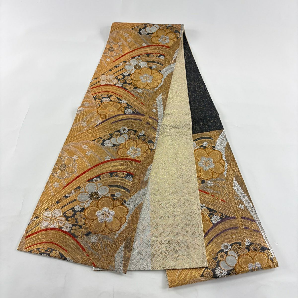 【美品】 袋帶 秀品級 振袖禮服禮服用 梅花 波 金銀絲 金金箔 金色 六通 純蠶絲