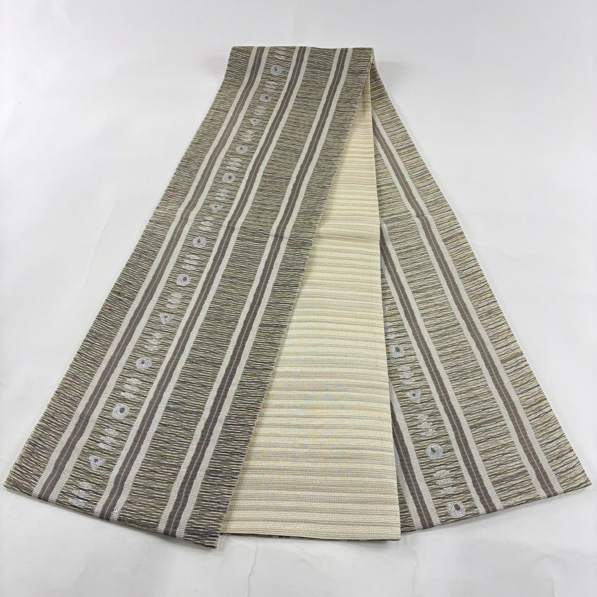 【美品】 袋帶 秀品級 縞 幾何學圖案 金金箔 灰綠 全通 純蠶絲