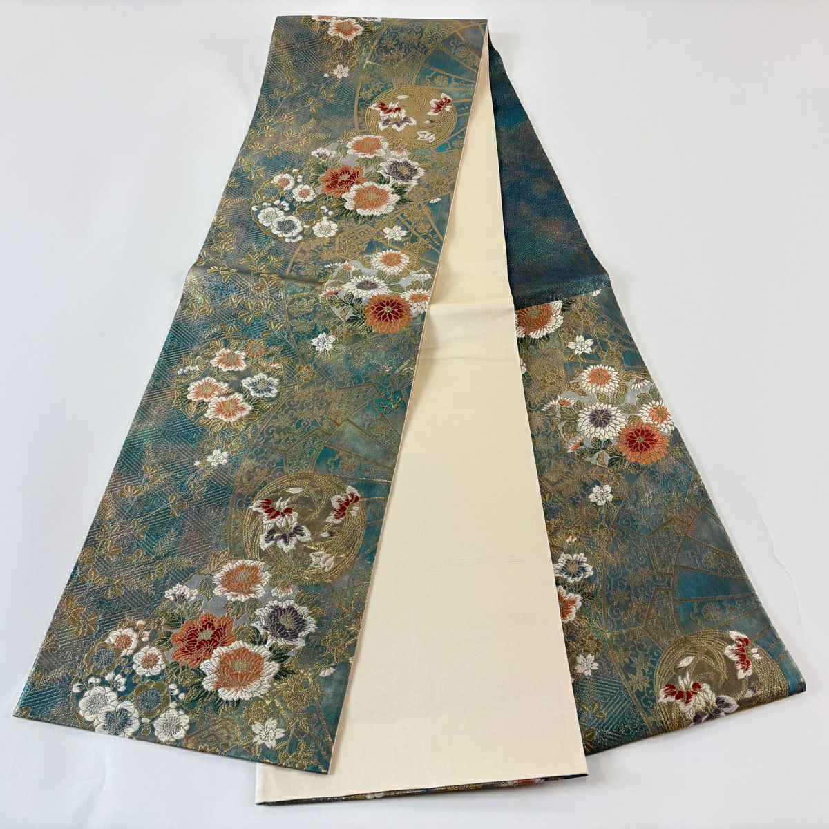 【美品】 袋帶 秀品級 花丸紋 金絲 金金箔 青綠 六通 純蠶絲