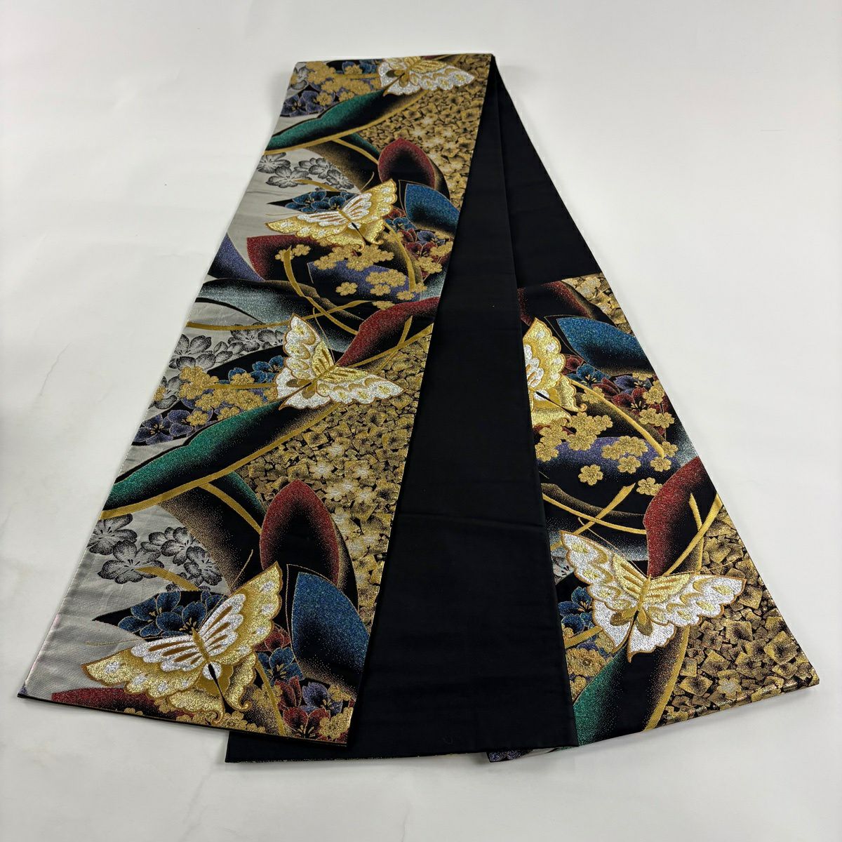 袋帶 秀品級 振袖禮服禮服用 蝴蝶 櫻花 金線 金金箔 黑灰 六通 純蠶絲