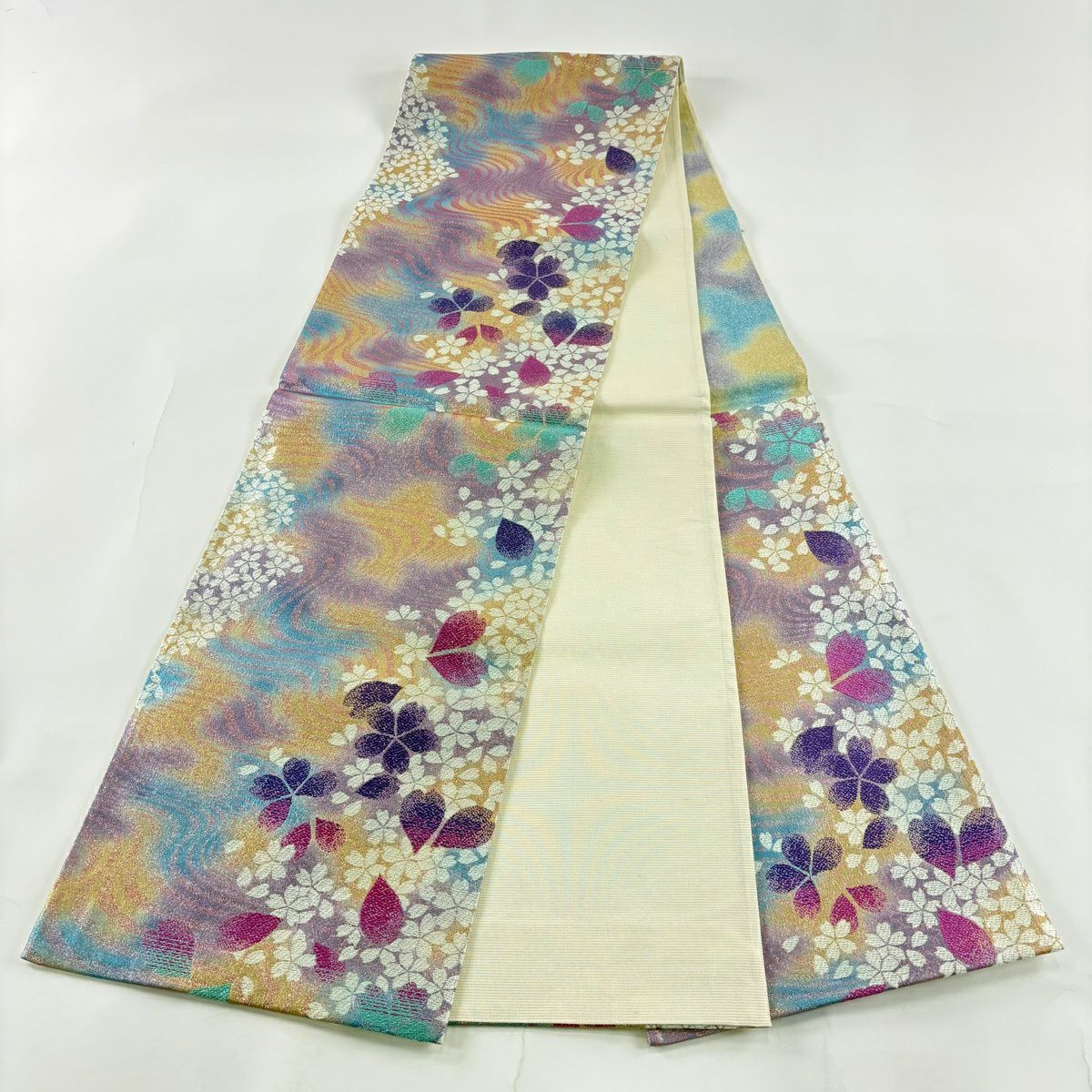 【美品】 袋帶 秀品級 振袖禮服禮服用 櫻花 流水 金金箔 淺紫 六通 純蠶絲