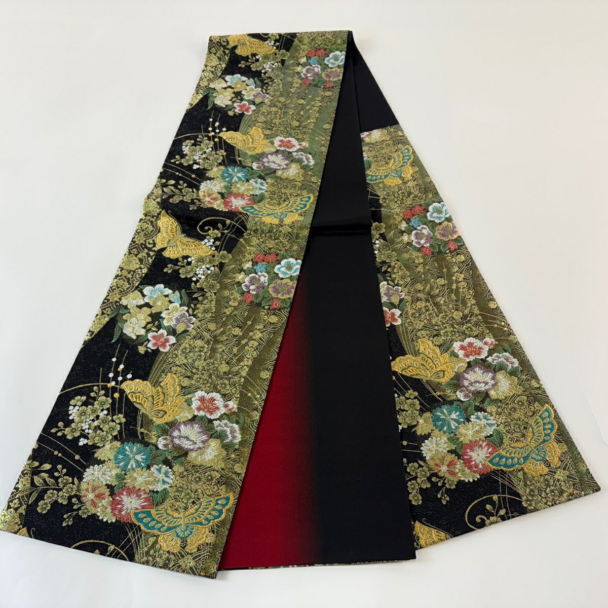 【美品】 袋帶 秀品級 振袖禮服禮服用 花丸紋 蝴蝶 金絲 金金箔 黑 六通 純蠶絲