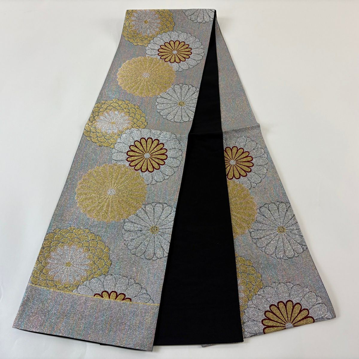 【美品】 袋帶 秀品級 證書齊全 菊花花 金金箔 銀色 六通 純蠶絲