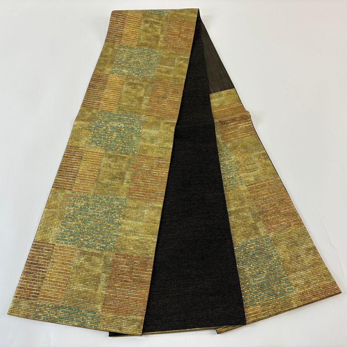 【美品】 袋帶 秀品級 落款あり 變化市松樹 金銀彩 金 六通 純蠶絲