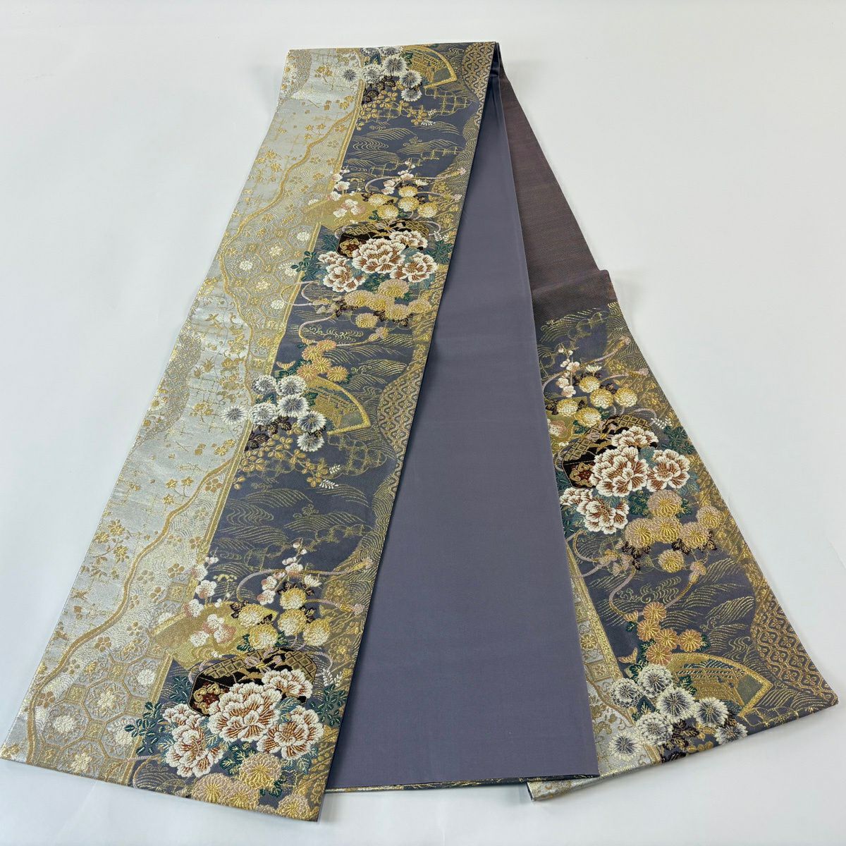 【美品】 袋帶 秀品級 大和 文箱 扇子面 金絲 金金箔 紫 六通 純蠶絲