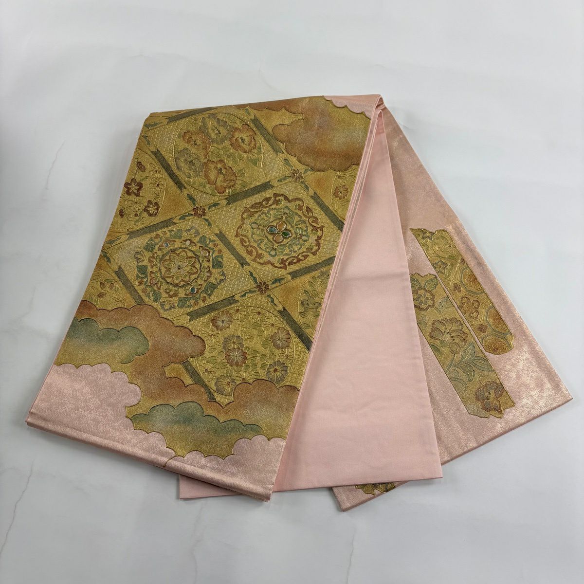 袋帶 秀品級 雲紋 華紋 螺鈿 金金箔 金色 大鼓圖案 純蠶絲