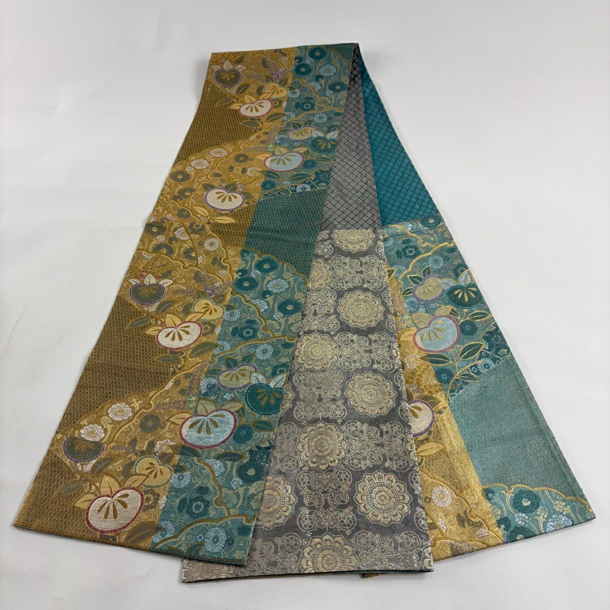 【美品】 袋帶 優品級 振袖禮服禮服用 雪輪 橘 金金箔 金線 金色 六通 純蠶絲