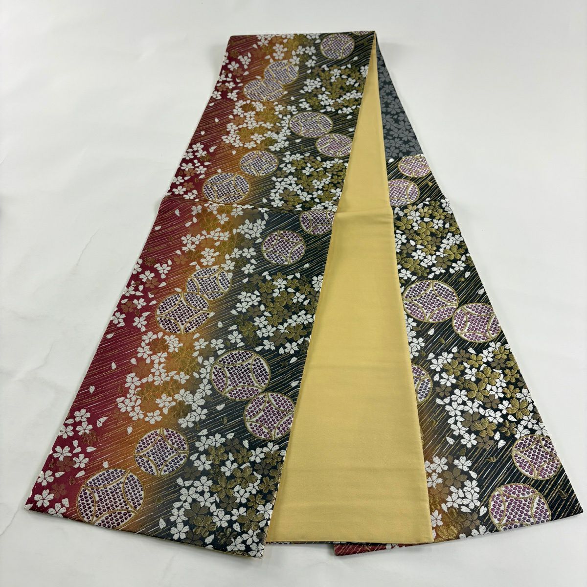 【美品】 袋帶 優品級 振袖禮服禮服用 櫻花 七寶紋 金金箔 金絲 紅茶 六通 純蠶絲