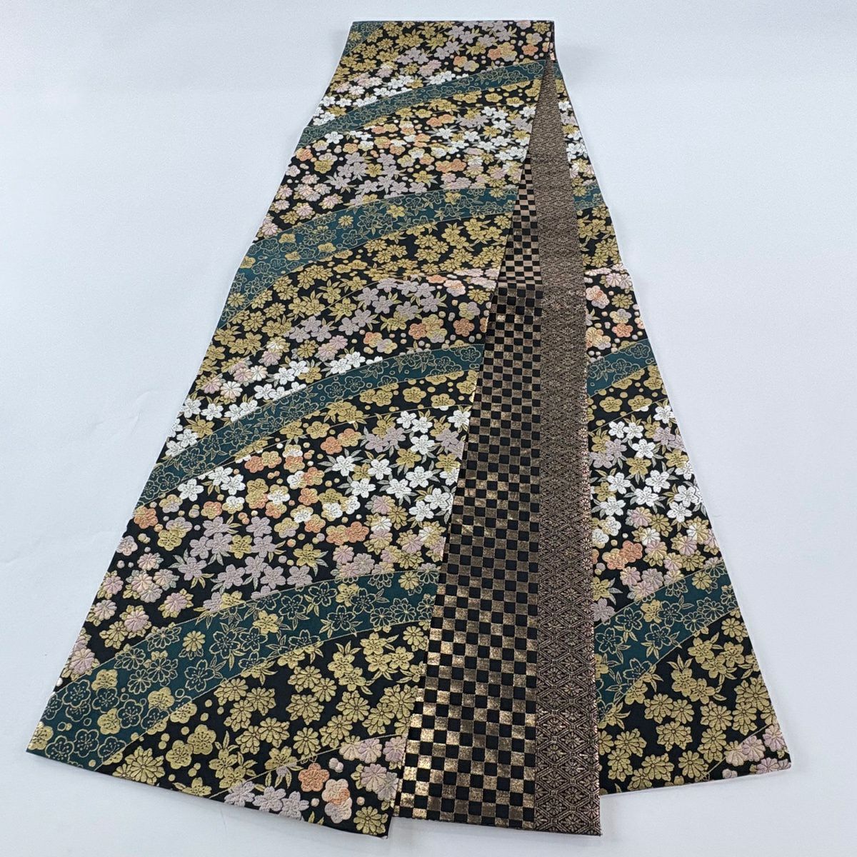 【美品】 袋帶 秀品級 色物語 梅花 櫻花 金金箔 唐織 黑 全通 純蠶絲
