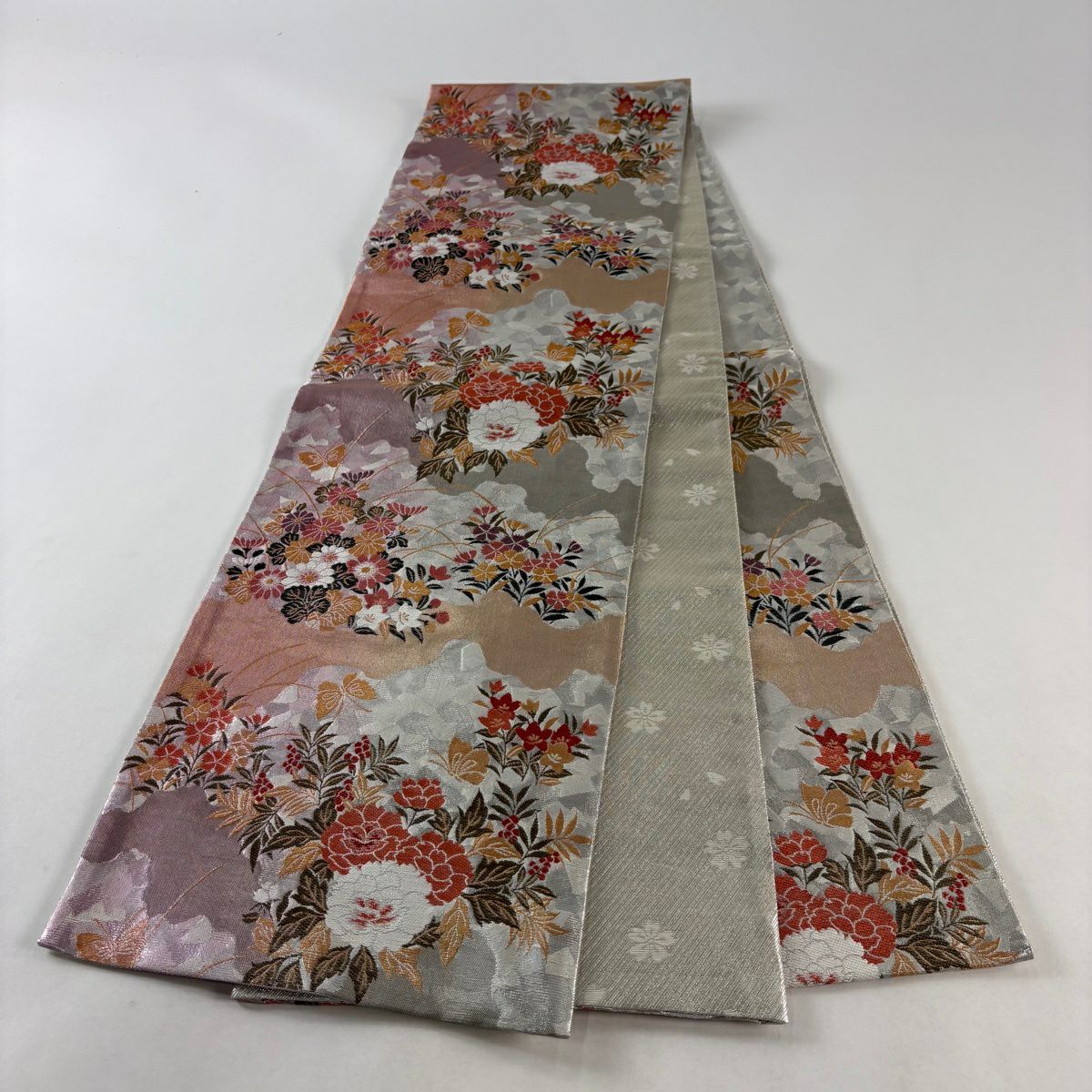 袋帶 秀品級 牡丹 秋草 金銀絲 金金箔 銀 六通 純蠶絲