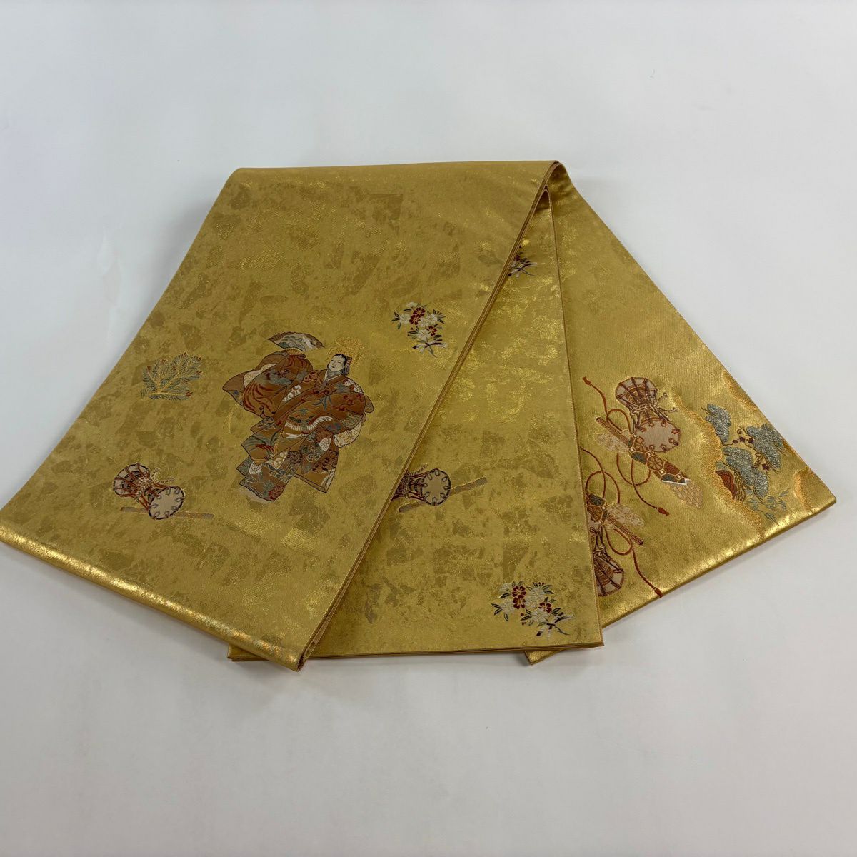 袋帶 逸品級 證書齊全 人物 和樂器 金金箔 金絲 金色 大鼓圖案 純蠶絲