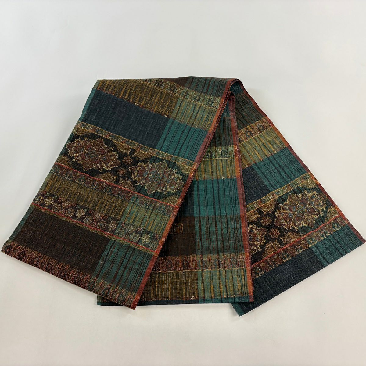 【美品】 袋帶 逸品級 渡文 落款 花菱 橫段 金絲 焦茶 純蠶絲