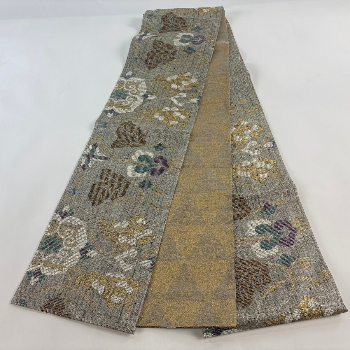 【美品】 袋帶 逸品級 誉田屋源兵衛 落款 葡萄唐草紋 華紋 金金箔 灰色 六通 純蠶絲