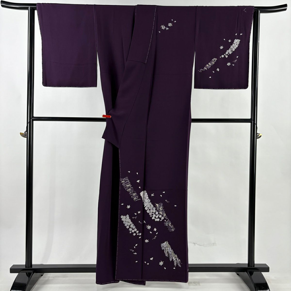 付下 身長160cm 袖長65.5cm M 雙層 梅花 藤 刺繡 銀線 深紫 純蠶絲 逸品級