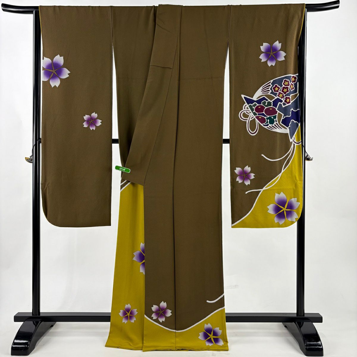 振袖禮服 身長169cm 袖長68.5cm L 雙層 辻村ジュサブロー 落款あり 樱花 扇子子 染分 茶 純蠶絲 逸品級