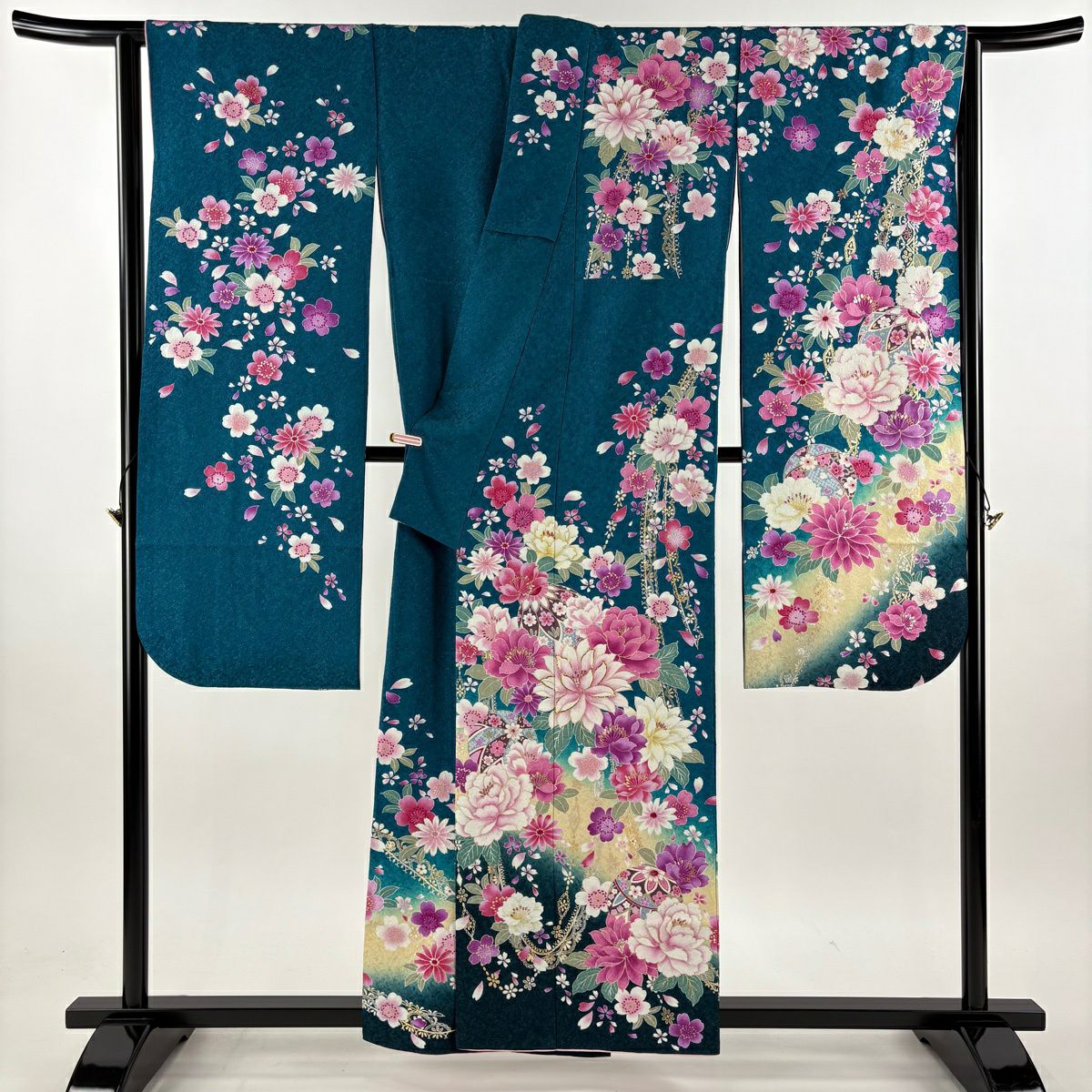 振袖禮服 身長158.5cm 袖長67cm M 雙層 鈴乃屋 牡丹 鞠 金銀彩 青綠 純蠶絲 逸品級