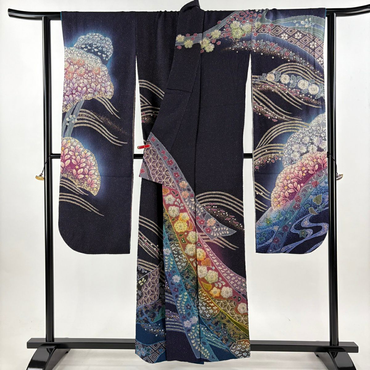 【美品】振袖禮服 身長158cm 袖長65cm M 雙層 吉乃一廉 落款あり 辻花染 金通し 金銀彩 濃紫 純蠶絲 逸品級