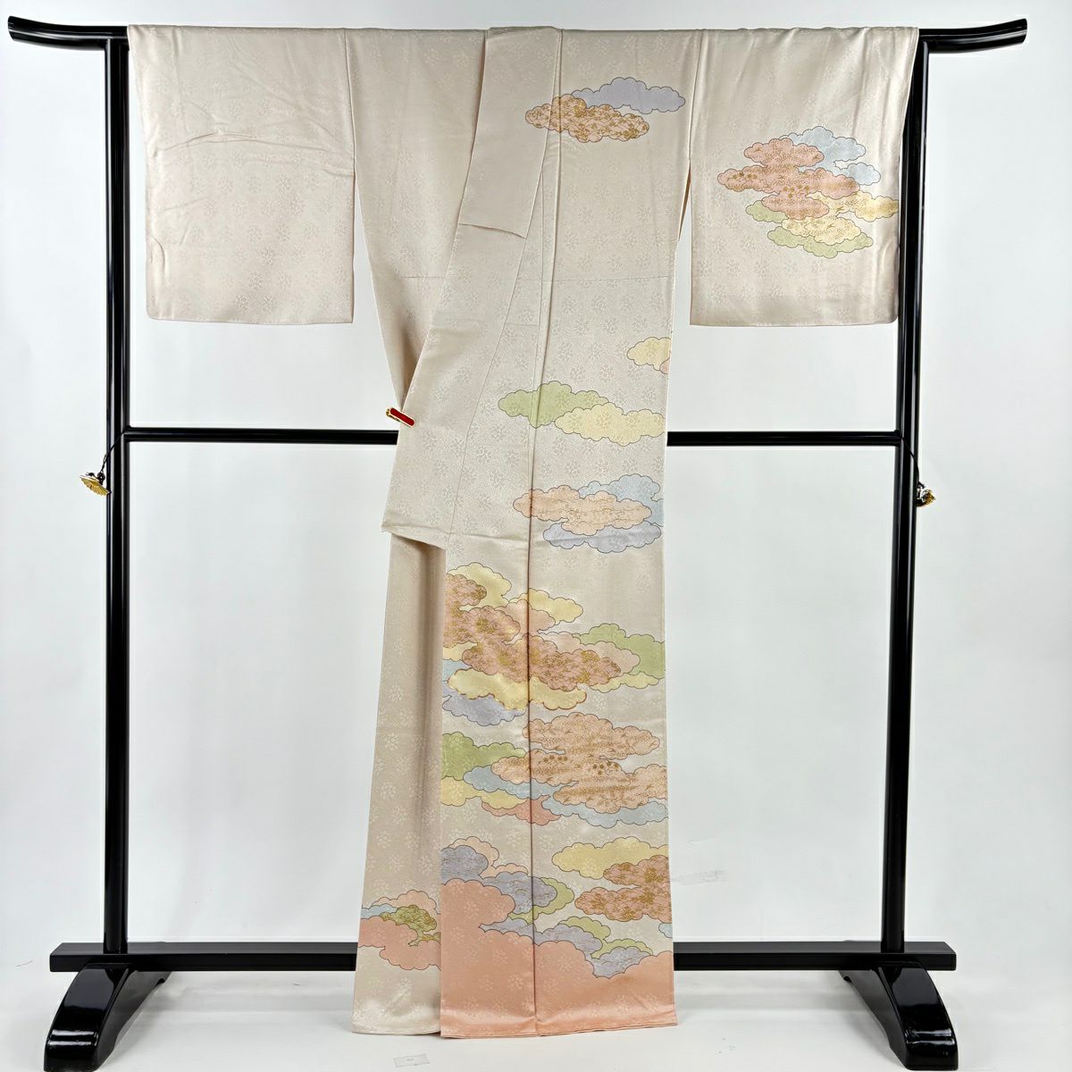 訪問服 身長164.5cm 袖長68cm L 雙層 藤井寛 落款あり 雲文 地紋 金絲 金銀彩 淺橙色 純蠶絲 逸品級