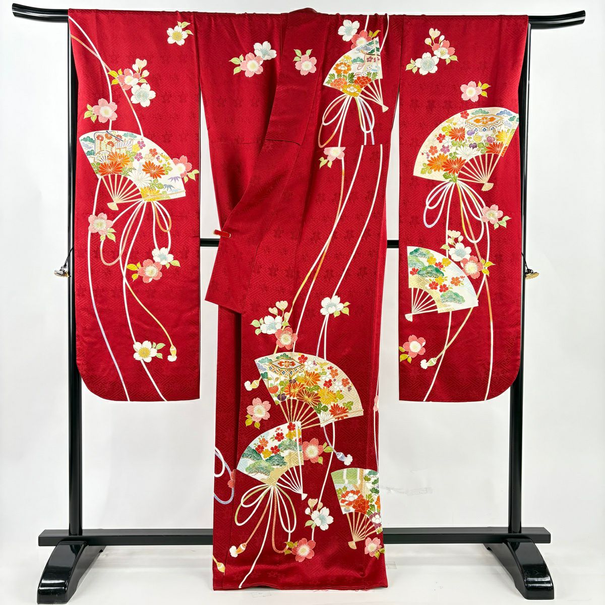 振袖禮服 身長167cm 袖長70cm L 雙層 千總 誰が袖好み 落款あり 扇子 櫻花 金絲 金銀彩 紅 純蠶絲 逸品級