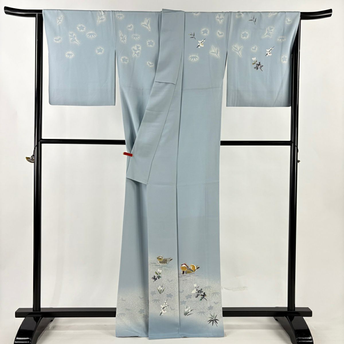 訪問服 身長165.5cm 袖長67cm M 雙層 人間國寶 羽田登喜男 落款 鴛鴦 枝梅花 金銀彩 漸層 水藍 純蠶絲 逸品級