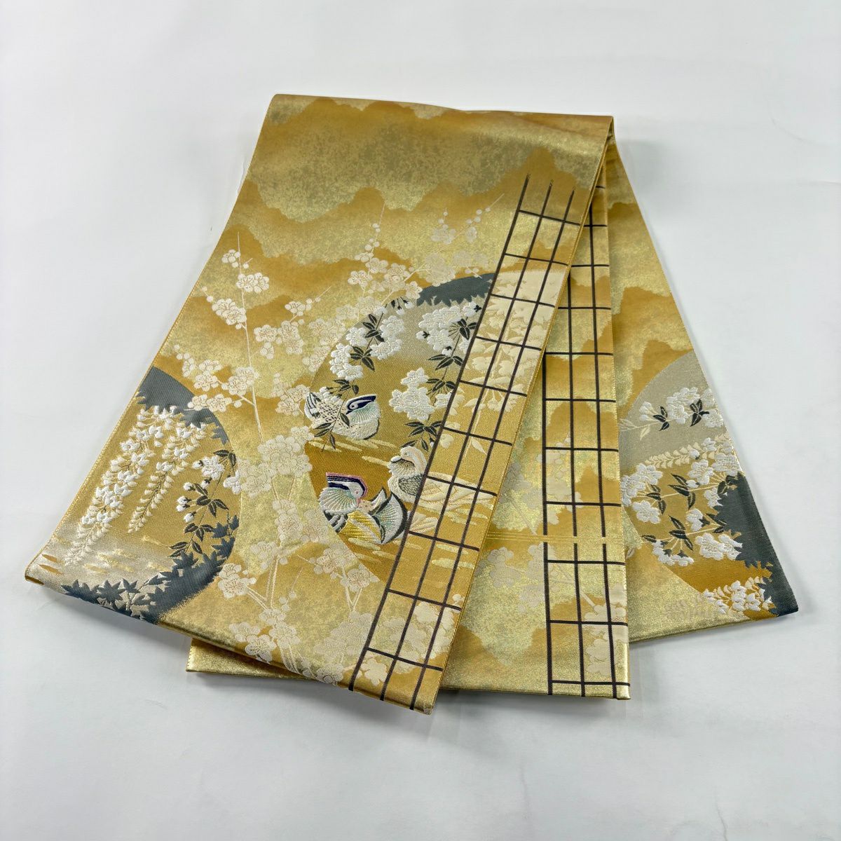 【美品】 袋帶 逸品級 羽田登喜男監修 落款あり 鴛鴦 花咲瑞鳥紋 金銀彩 金金箔 金色 お太鼓柄 純蠶絲