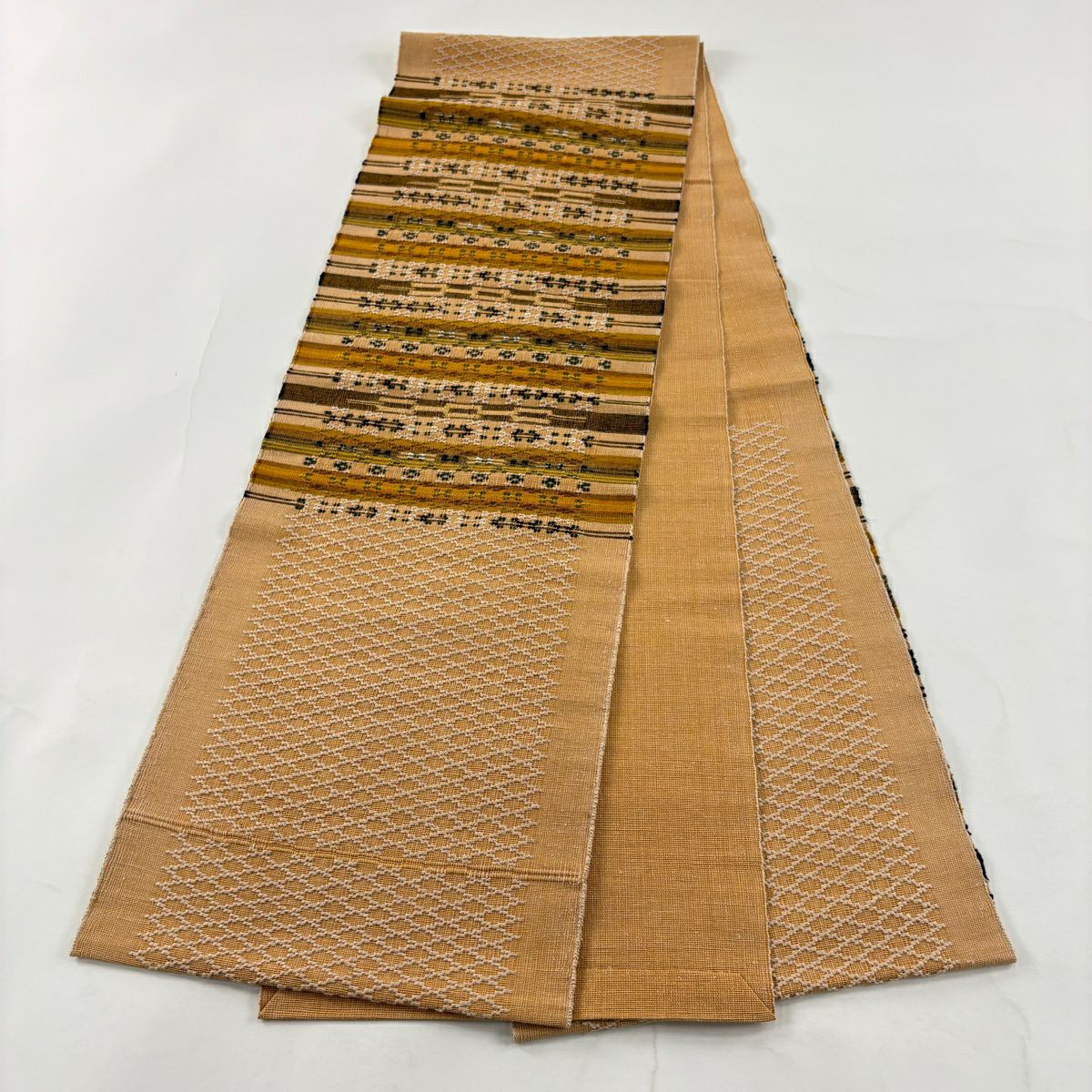 【美品】 名古屋帶 逸品級 八寸名古屋帶 紬織織 縞 幾何學 橙色 純蠶絲