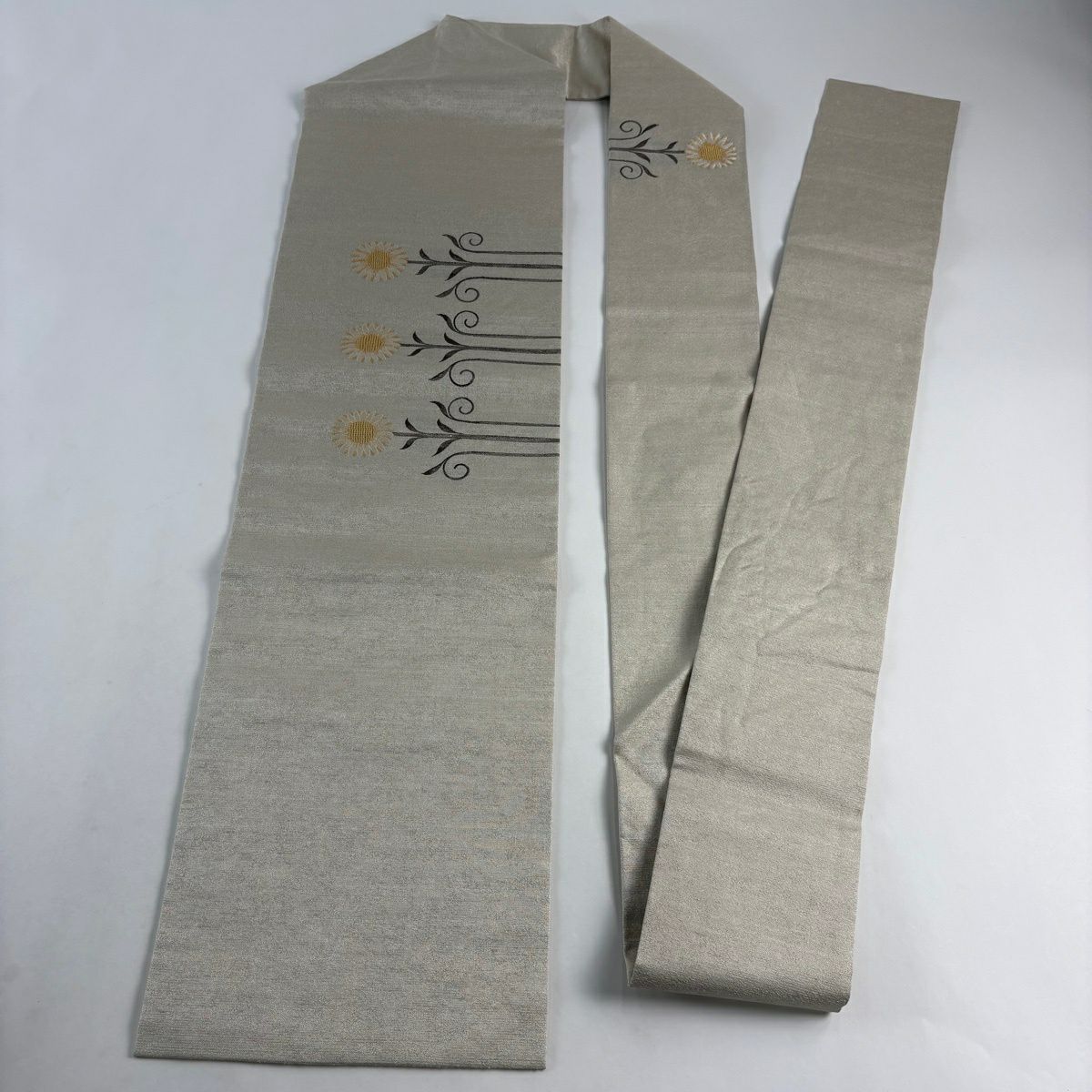 【美品】名古屋帶 逸品級 草花紋 金銀彩 灰茶 純蠶絲