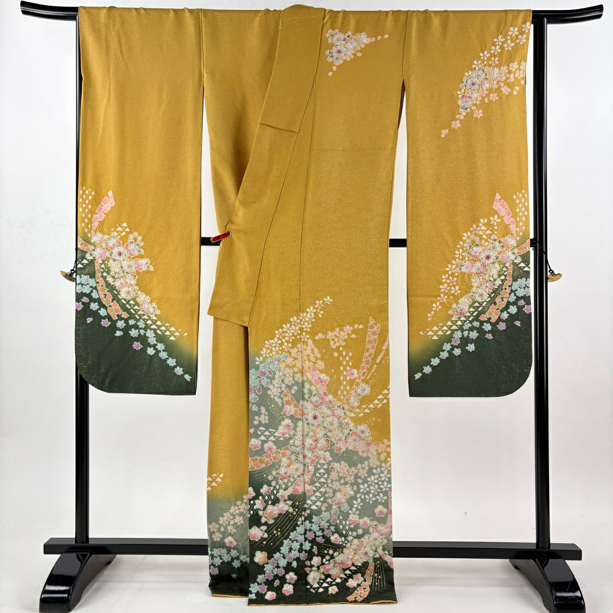 【美品】振袖禮服 身長169cm 袖長69.5cm L 雙層 德永憲峯 落款あり 辻花染 櫻花 金通し 金銀彩 山吹 純蠶絲 逸品級