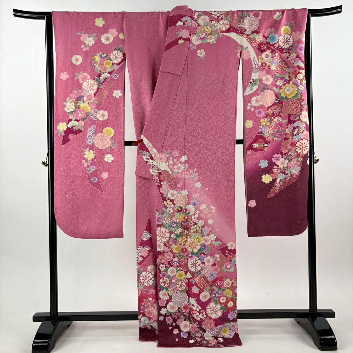 振袖禮服 身長168.5cm 袖長70.5cm L 雙層 御所車 櫻花 金糸 金通し 粉紅 純蠶絲 逸品級