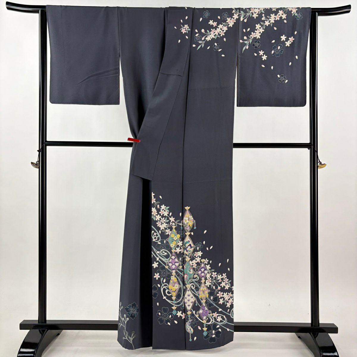 訪問服 身長161cm 袖長66.5cm M 雙層 橋本靜香 加賀友禪 有落款 櫻 草花紋 淺灰色 純蠶絲 逸品級