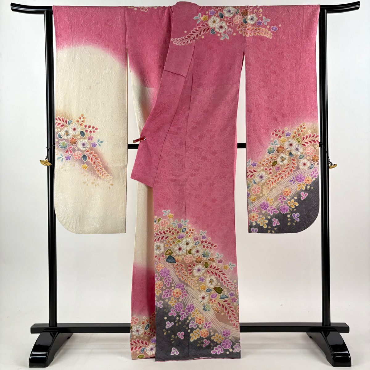 振袖禮服 身長165.5cm 袖長66.5cm M 雙層 辻花染 波 金通 金銀彩 粉紅 純蠶絲 逸品級