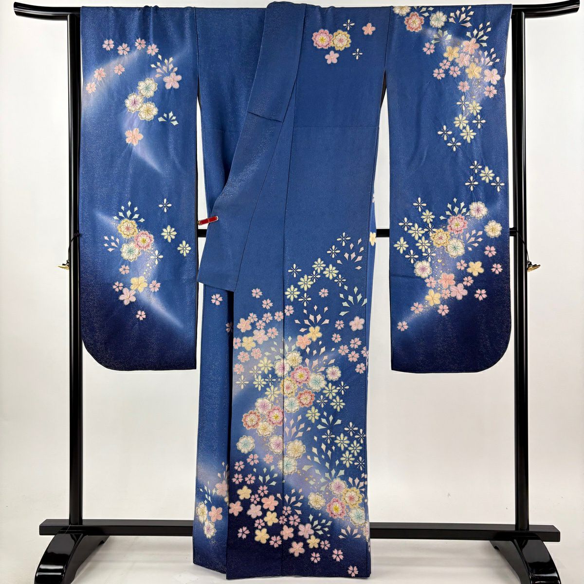 振袖禮服 身長165cm 袖長68.5cm L 雙層 徳永憲峯 落款あり 櫻花 金通し 絞染 青 純蠶絲 逸品級