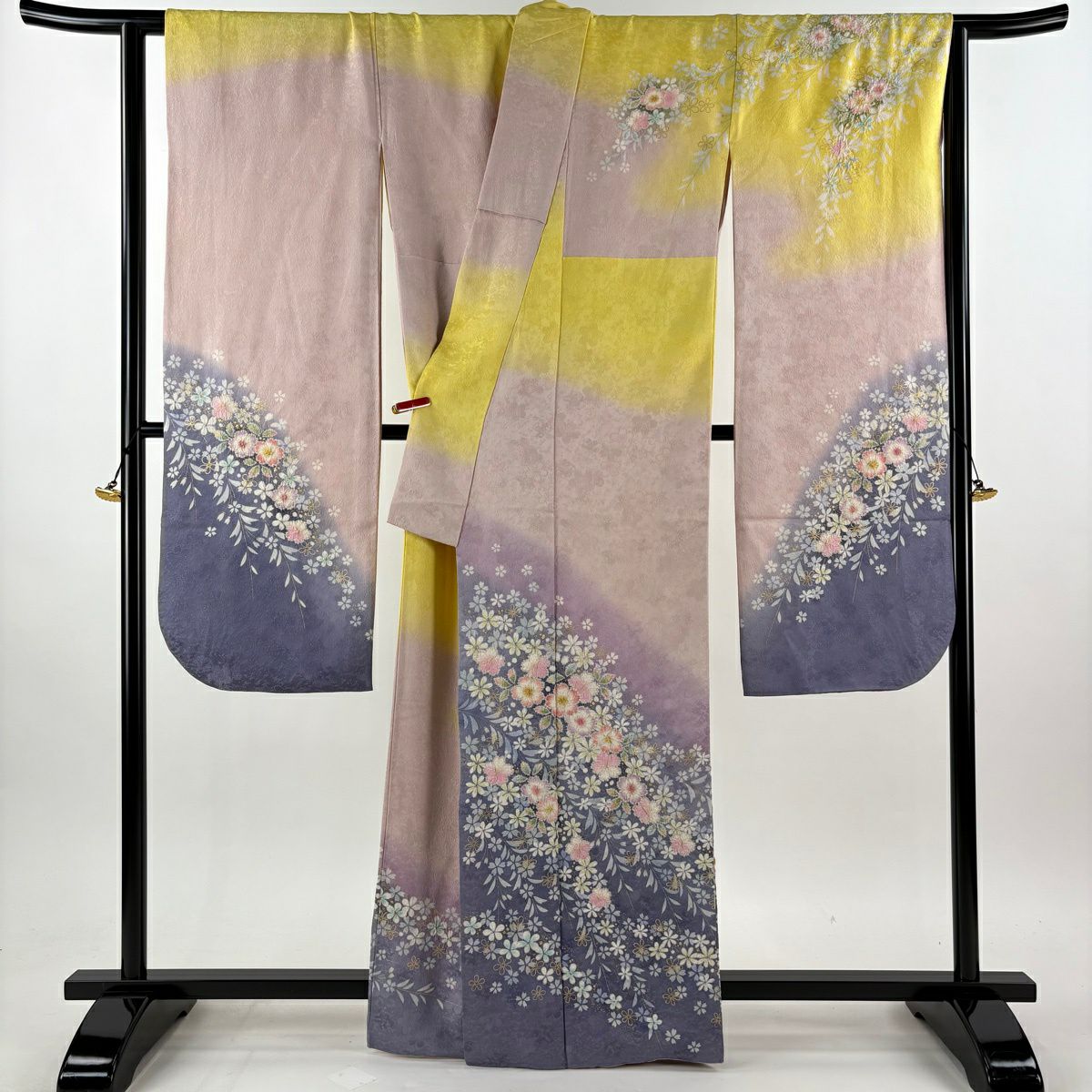 振袖禮服 身長164cm 袖長67cm M 雙層 徳永憲峯 落款あり 櫻花 地紋 金銀彩 絞染 淺紫 純蠶絲 逸品級