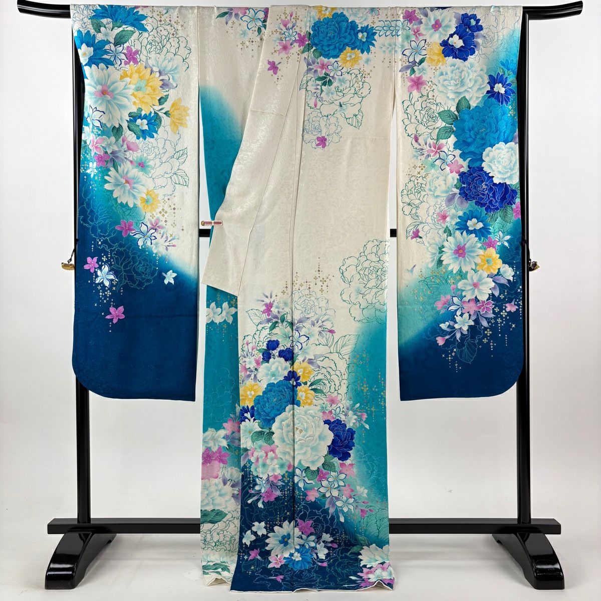 【美品】振袖禮服 身長178cm 袖長73.5cm L 雙層 鈴乃屋 草花紋紋 銀通金金箔 白色 純蠶絲 逸品級