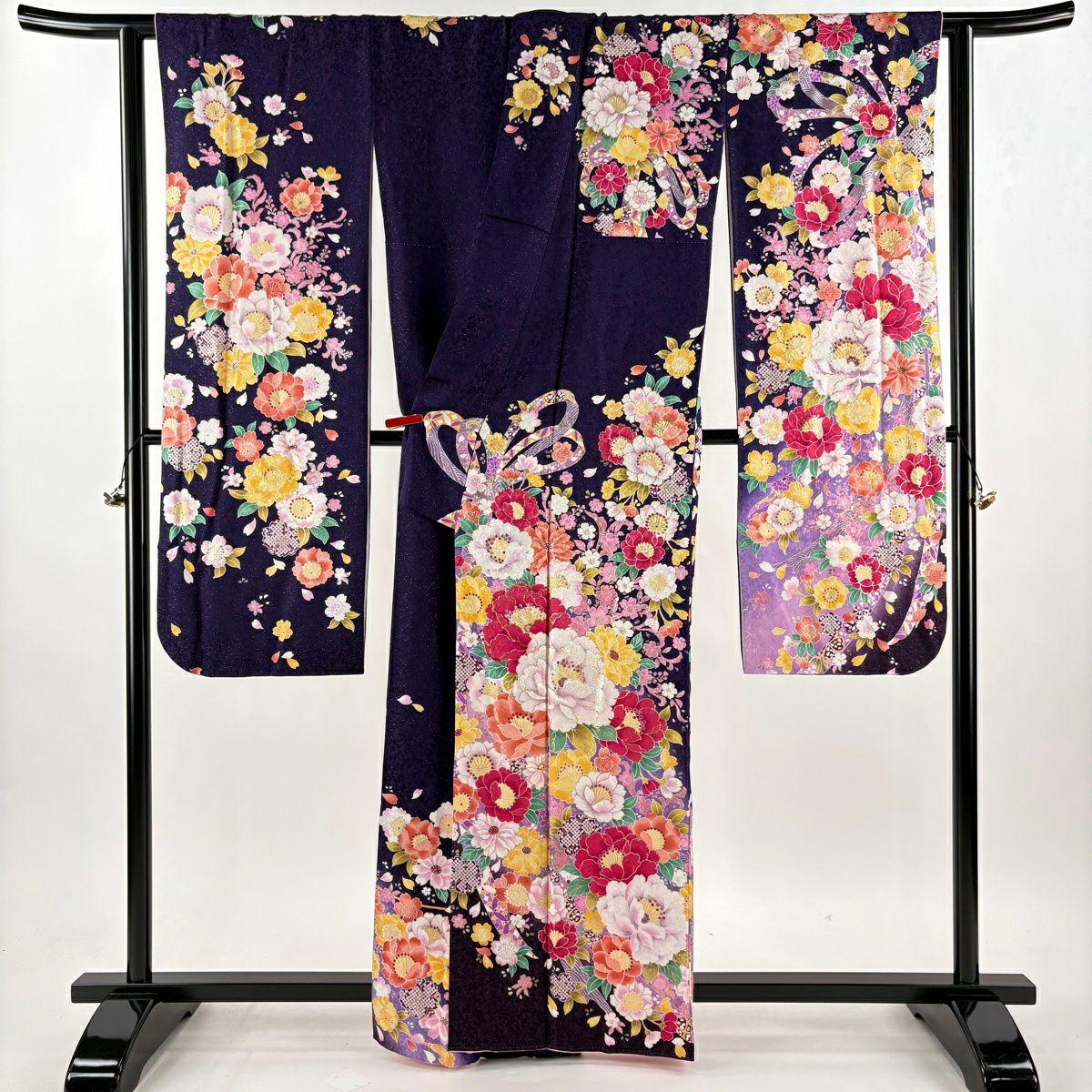 振袖禮服 身長163cm 袖長65.5cm M 雙層 牡丹 櫻花 金銀彩 金金箔 深紫 純蠶絲 逸品級