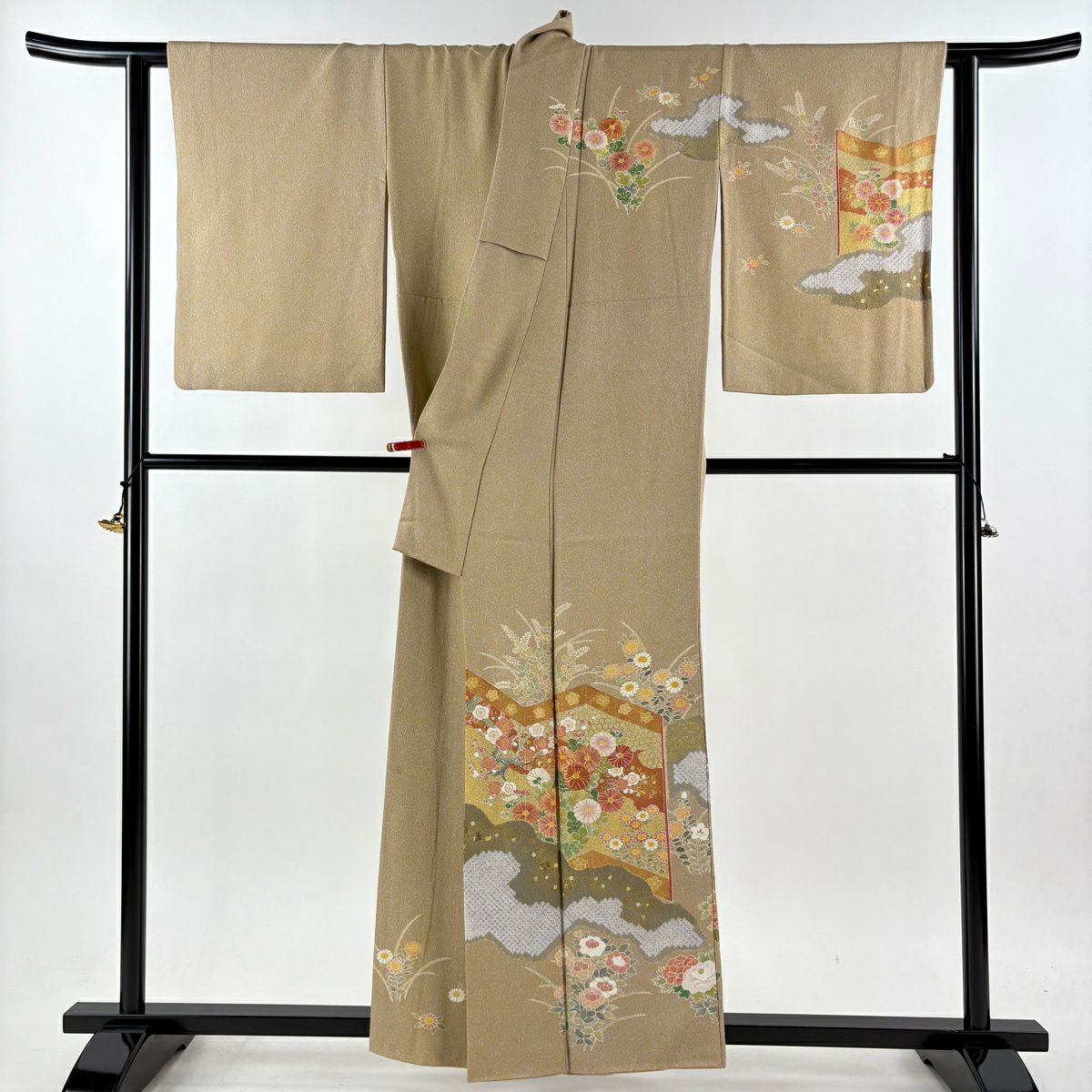 訪問服 身長158.5cm 袖長64.5cm M 雙層 松樹井青青 落款有 菊花 梅花 金銀彩 金絲 米色 純蠶絲 逸品級
