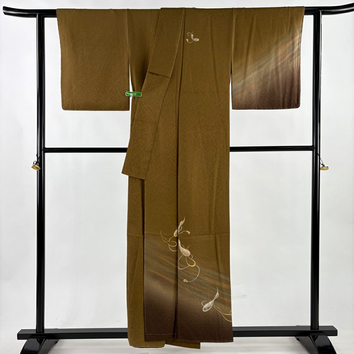【美品】 付下 身長157cm 袖長65cm M 雙層 和田光正 落款あり 瓢箪 草花紋 金銀彩 漸層 山吹茶 純蠶絲 逸品級
