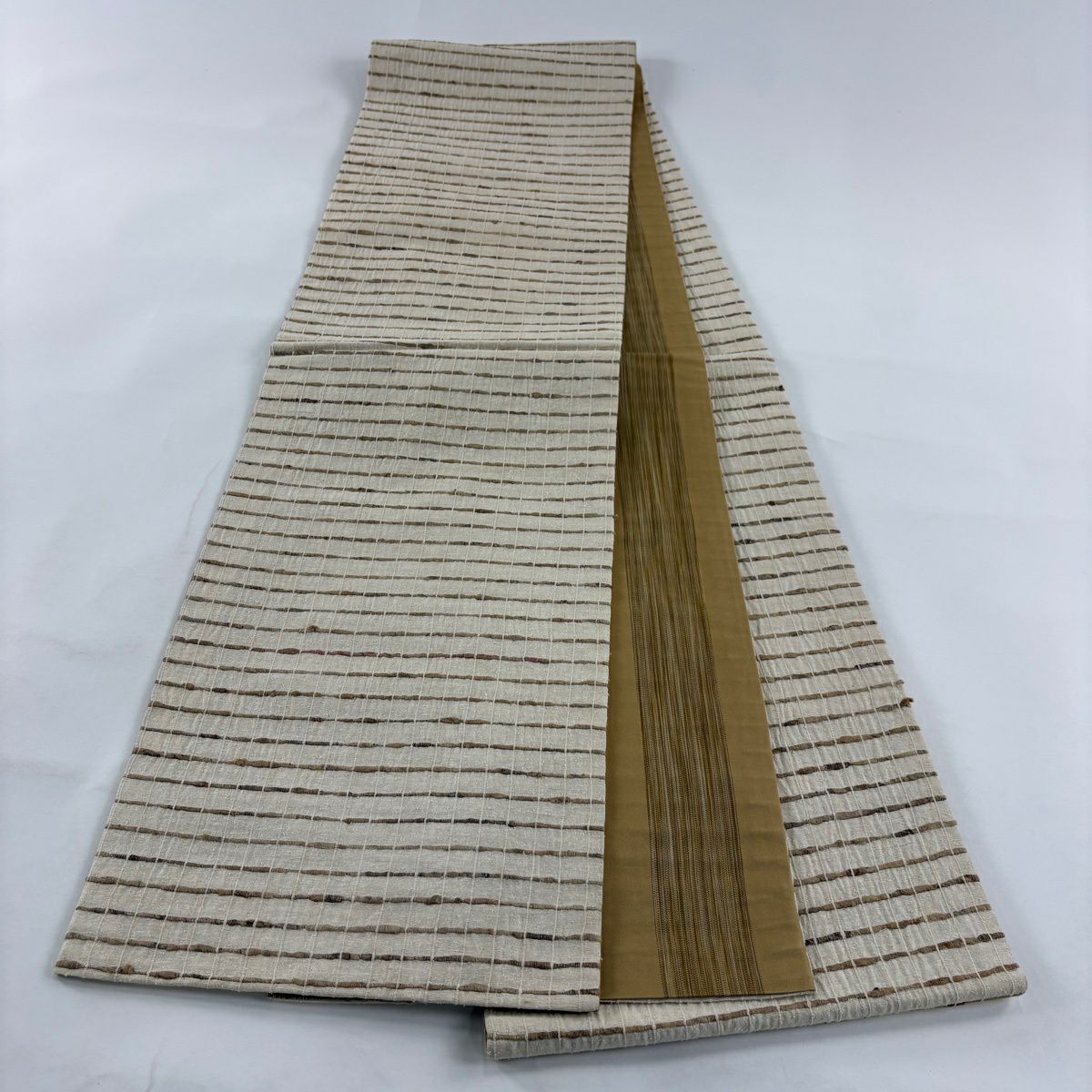 【美品】 袋帶 逸品級 縞 格子 米色 全通 純蠶絲