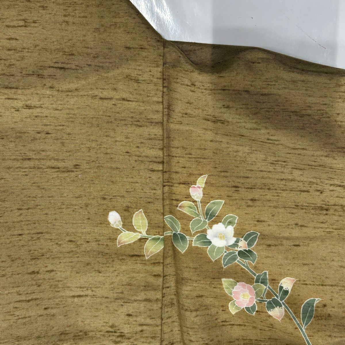 【美品】 付下 身長157.5cm 袖長64cm M 雙層 紬織織 落款 花籠 椿 灰茶 純蠶絲 秀品級