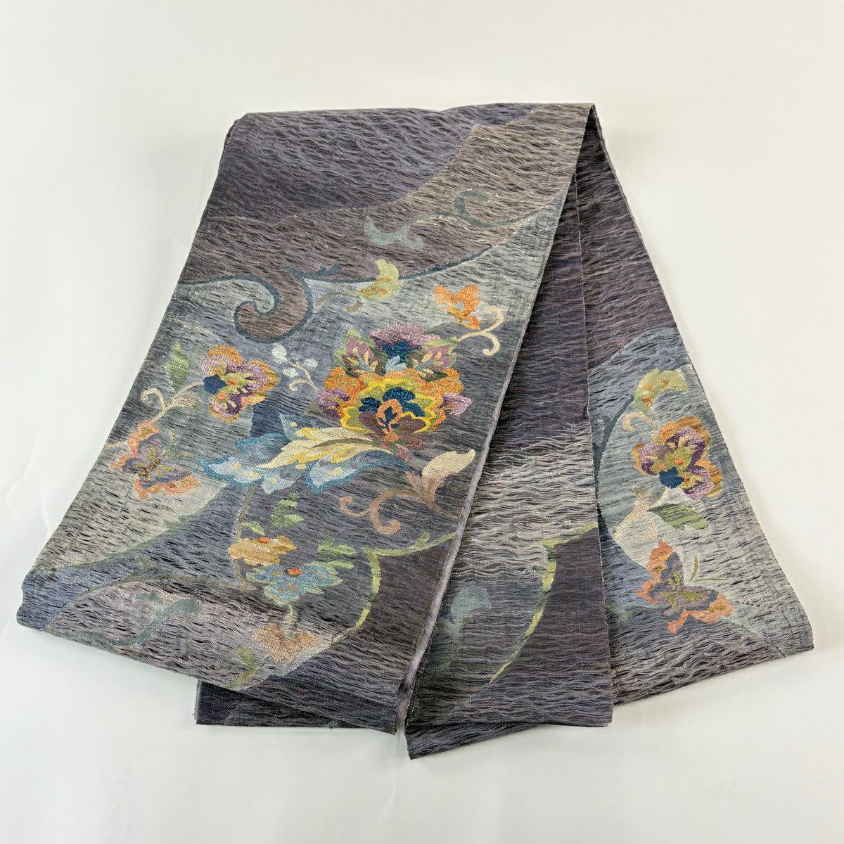 【美品】 袋帶 秀品級 草花紋 金銀彩 金金箔 灰紫 お太鼓圖案 純蠶絲