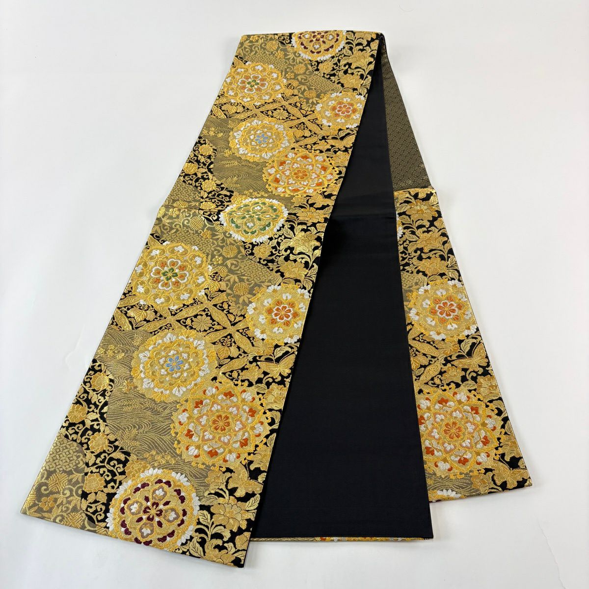 【美品】 袋帶 秀品級 振袖禮服禮服用 華紋 波 金絲 金金箔 金色 六通 純蠶絲