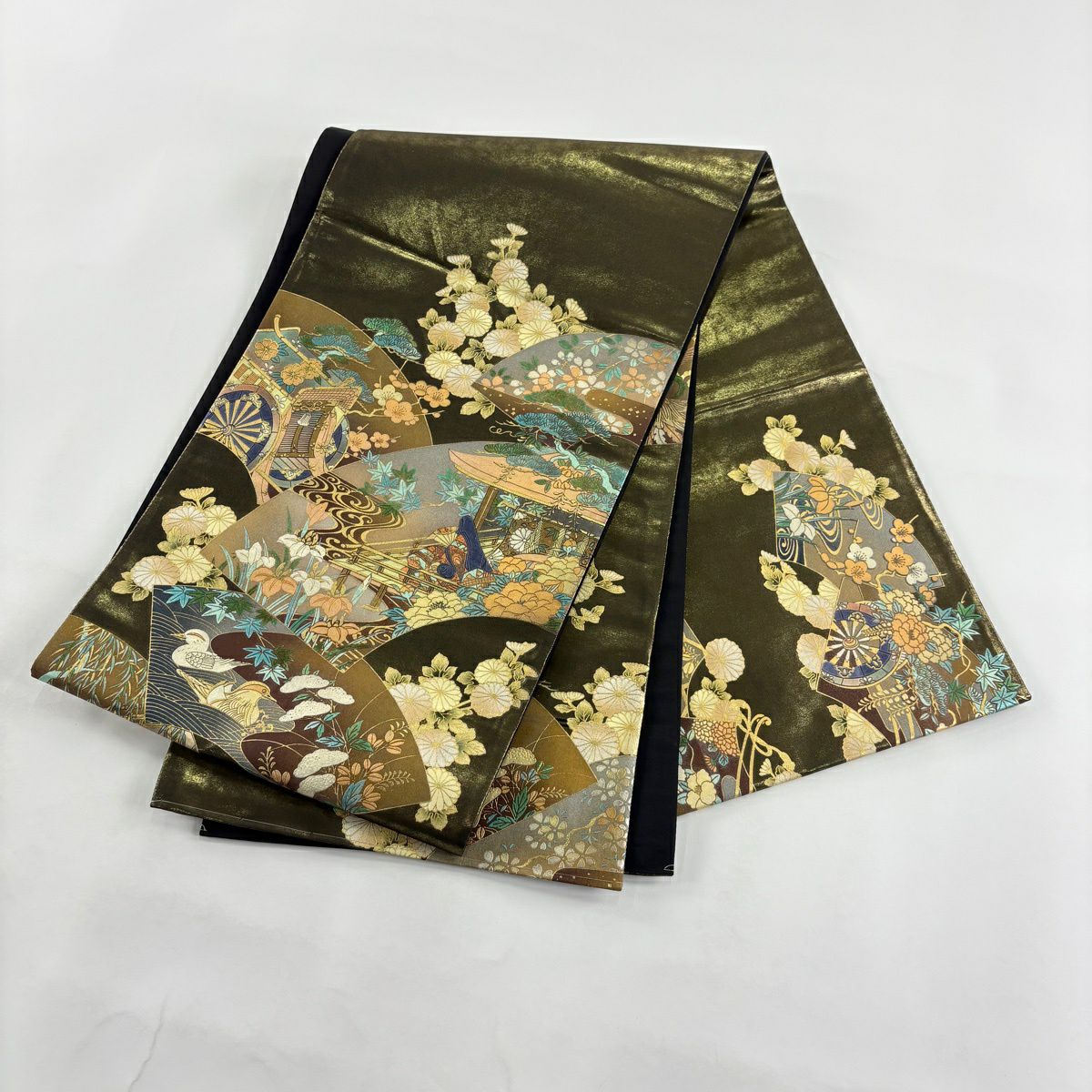 【美品】 袋帶 秀品級 扇子面 草花紋紋 金金箔 金銀彩 金茶 お太鼓柄 純蠶絲